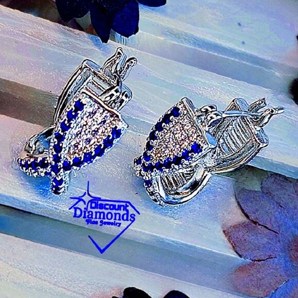 2 Ct. Blue Sapphire & White Baguette Diamond Earrings on 925 - Picture 6 of 9